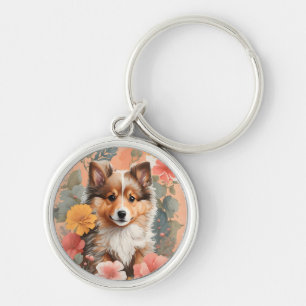 Cute Baby djur   Shetland Sheepdog Puppy Rund Silverfärgad Nyckelring