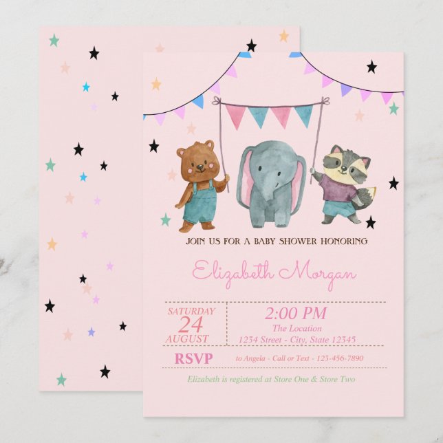 Cute Baby djur, Stars Baby Shower Inbjudningar (Fram/baksida)