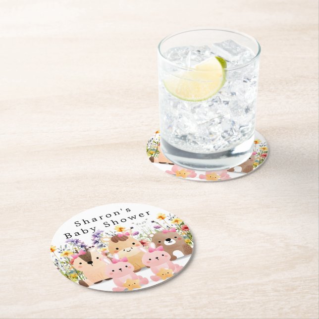 Cute Baby djur & Wildblomma Baby Shower Underlägg Papper Rund (Insitu)