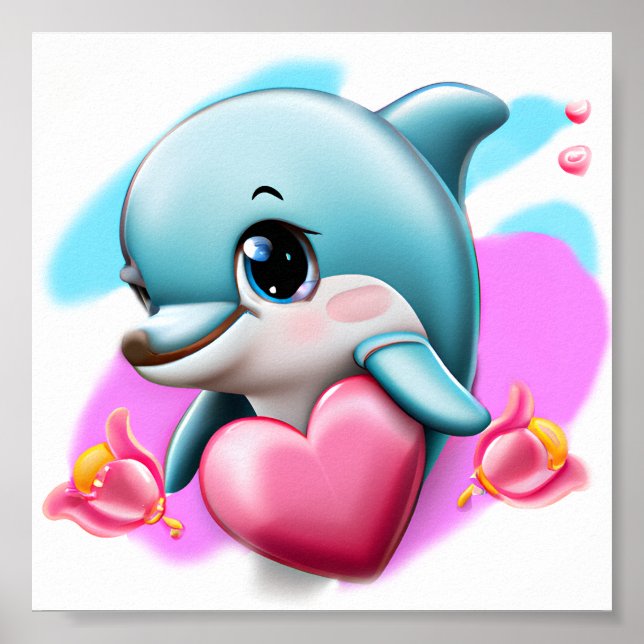 Cute Baby Dolphin med hjärtans hjärta Poster (Framsidan)