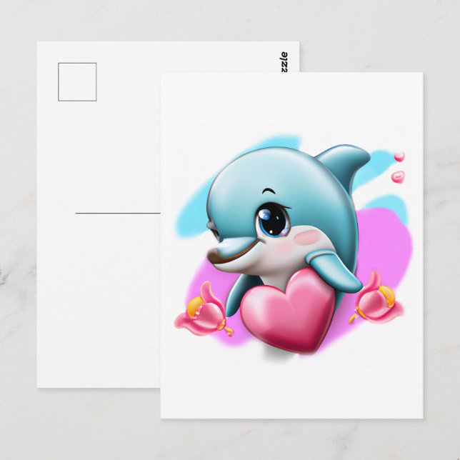 Cute Baby Dolphin med hjärtans hjärta Vykort (Fram/baksida)