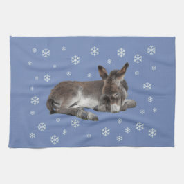 Cute Baby Donkey Sleeping med Snöflingor Kökshandduk