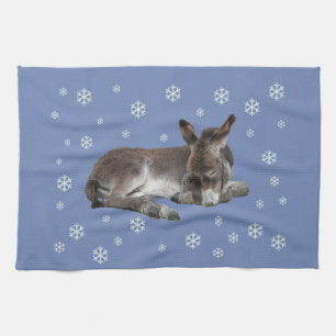 Cute Baby Donkey Sleeping med Snöflingor Kökshandduk