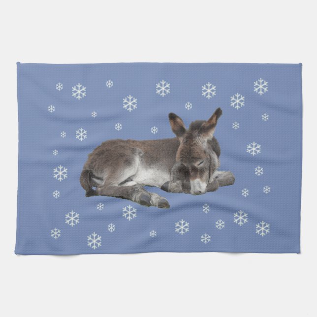 Cute Baby Donkey Sleeping med Snöflingor Kökshandduk (Horisontell)