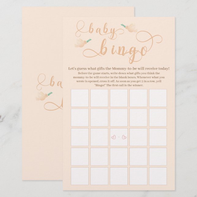 Cute Baby Dove Baby Shower Bingo Game Flyer (Fram/baksida)