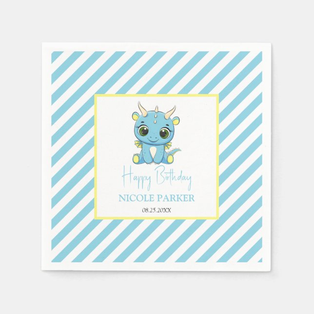 Cute Baby Dragon Blue Rand Birthday Pappersservett (Framsidan)