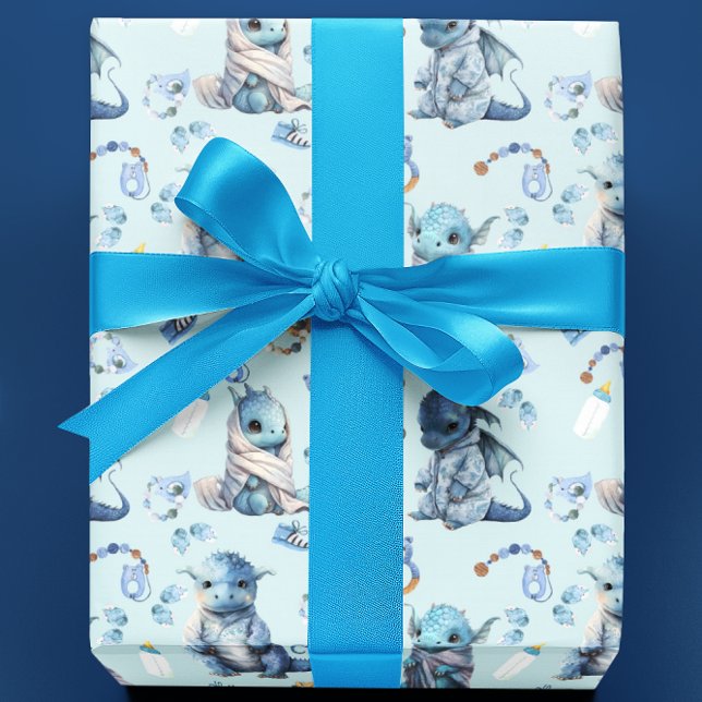 Cute Baby Dragon Blue Watercolor Presentpapper (Skapare uppladdad)