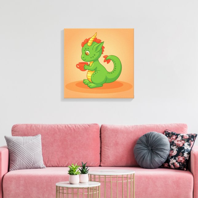 Cute Baby Dragon Holding Cup on Orange Canvastryck (Insitu (Vardagsrum))