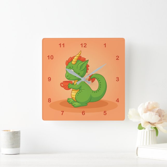 Cute Baby Dragon Holding Cup on Orange Fyrkantig Klocka (Hem)