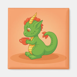 Cute Baby Dragon Holding Cup on Orange Magnet