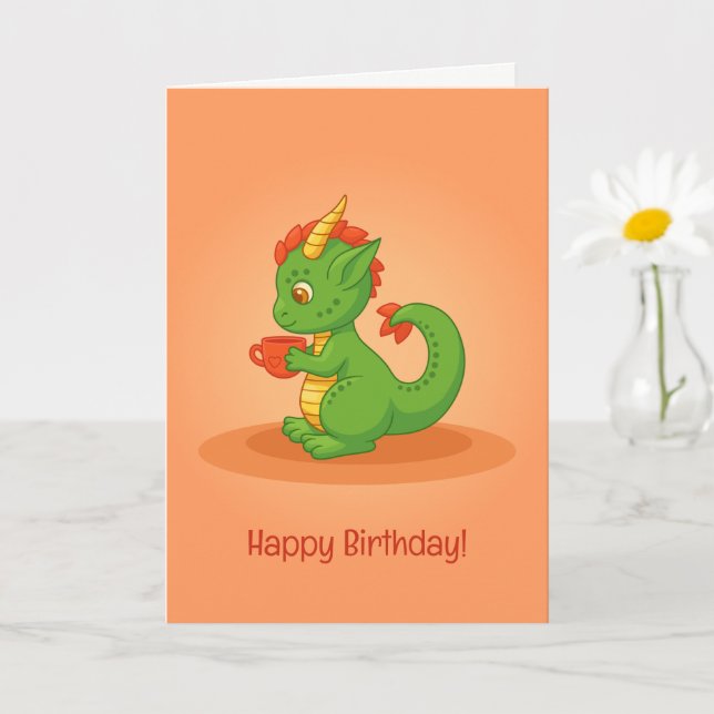 Cute Baby Dragon Holding Cup Orange Birthday Card Kort (Liten växt)