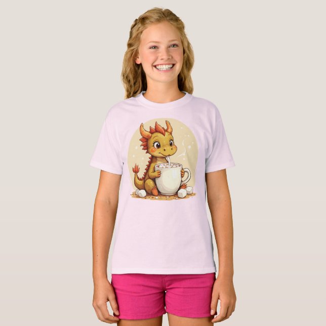 Cute Baby Dragon Hot Chocolate Kids Kawaii Cozy De T Shirt (Hel framsida)