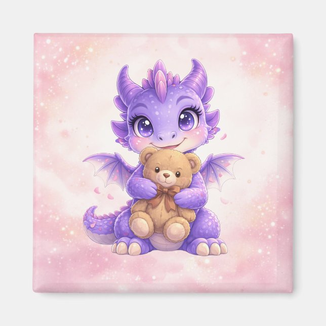 Cute Baby Dragon Hugging Teddy Bear Square Magnet (Framsidan)