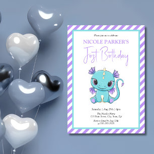 Cute Baby Dragon Lila Rand 1:a födelsedag Inbjudningar