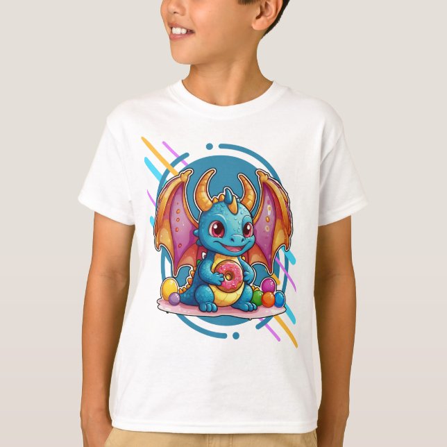 Cute Baby Dragon med Donut T Shirt (Framsida)
