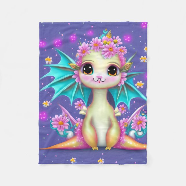 Cute Baby Dragon med Rosa Flowers Fleecefilt (Framsidan)