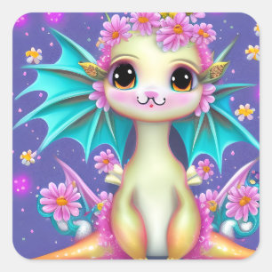 Cute Baby Dragon med Rosa Flowers Fyrkantigt Klistermärke