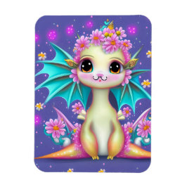 Cute Baby Dragon med Rosa Flowers Magnet