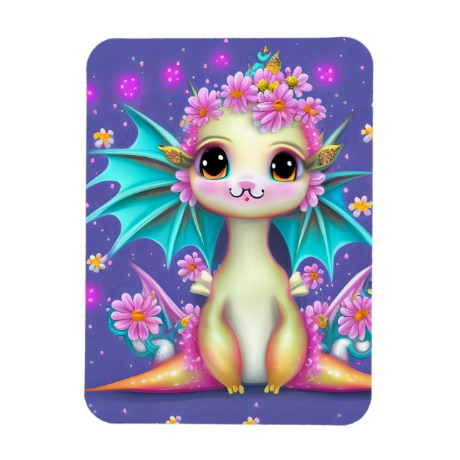 Cute Baby Dragon med Rosa Flowers Magnet (Vertikal)