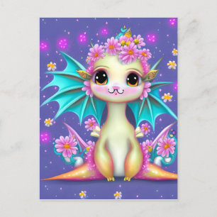 Cute Baby Dragon med Rosa Flowers Vykort