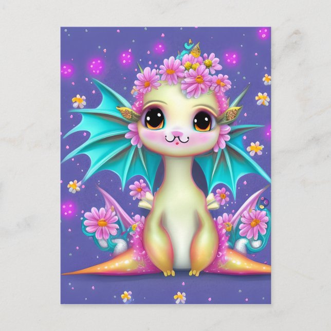 Cute Baby Dragon med Rosa Flowers Vykort (Framsida)