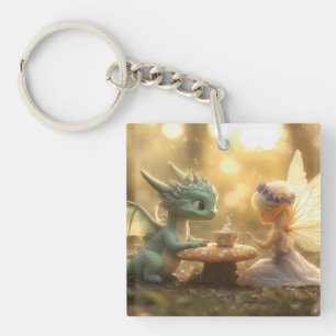 Cute Baby Dragon och Fairy Enjoying Tea
