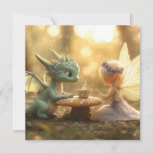 Cute Baby Dragon och Fairy Enjoying Tea Julkort