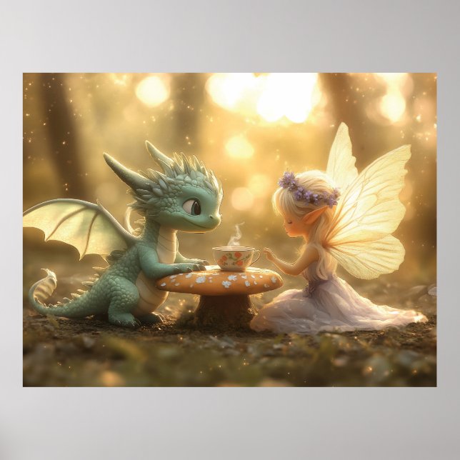 Cute Baby Dragon och Fairy Enjoying Tea Poster (Framsidan)