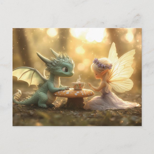 Cute Baby Dragon och Fairy Enjoying Tea Vykort (Framsida)