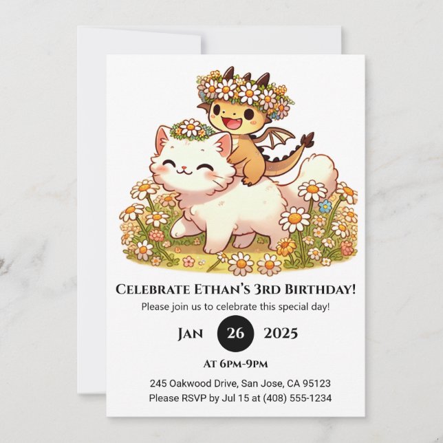 Cute Baby Dragon Riding White Cat Birthday Inbjudningar (Framsida)