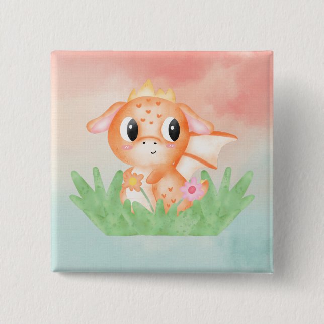 Cute Baby Dragon Watercolor Badge Knapp (Framsida)