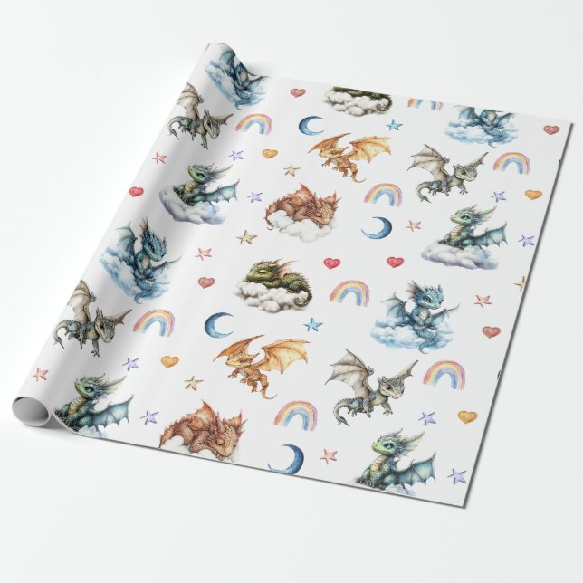 Cute Baby Dragon Watercolor Clought Presentpapper (Utrullad)