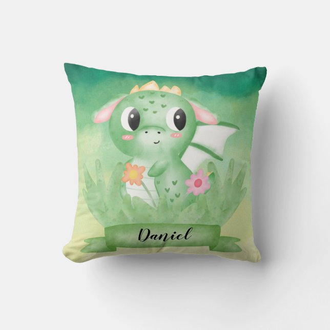 Cute Baby Dragon Watercolor Cushion Kudde (Framsida)