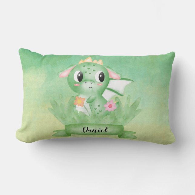 Cute Baby Dragon Watercolor Cushion Lumbarkudde (Framsida)