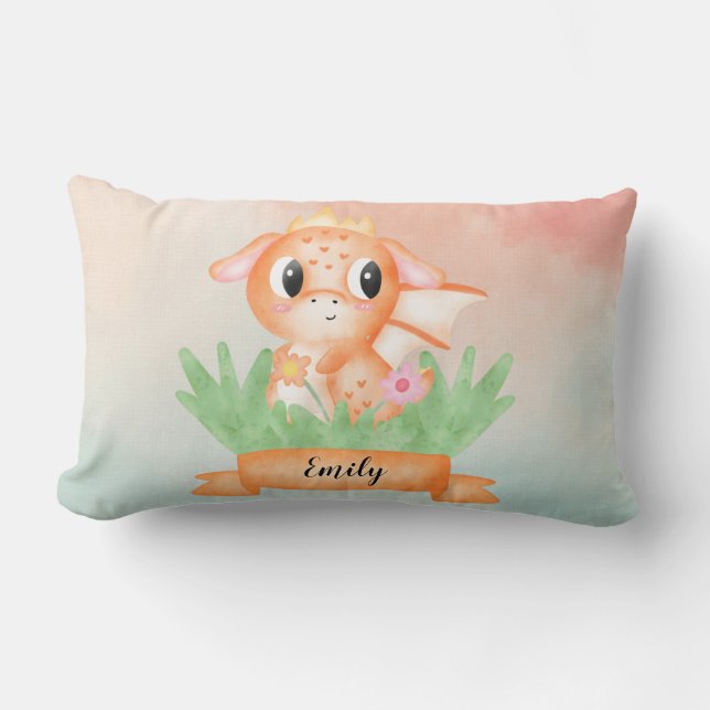 Cute Baby Dragon Watercolor Cushion Lumbarkudde (Framsida)