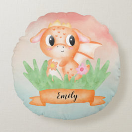 Cute Baby Dragon Watercolor Cushion Rund Kudde