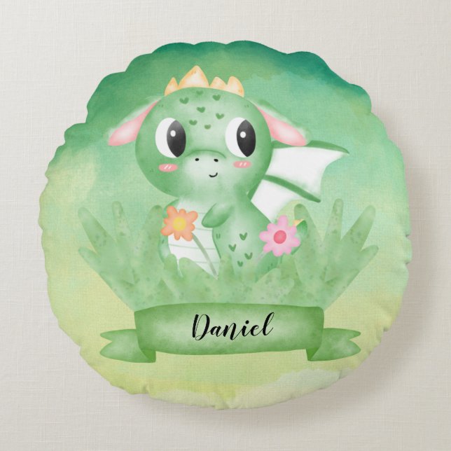 Cute Baby Dragon Watercolor Cushion Rund Kudde (Framsidan)