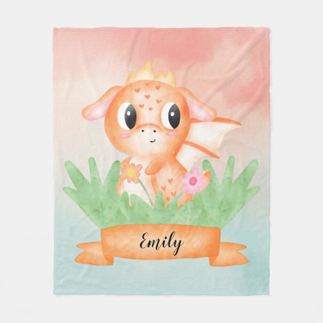 Cute Baby Dragon Watercolor Fleece Blanket (Framsidan)
