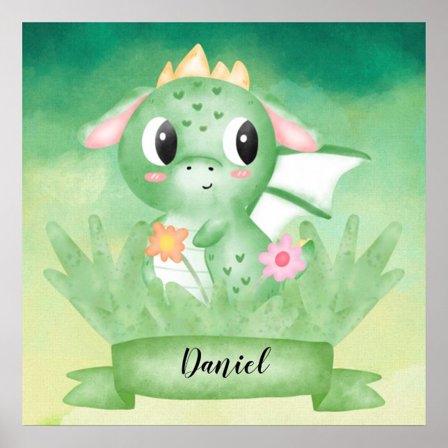 Cute Baby Dragon Watercolor Poster (Framsidan)