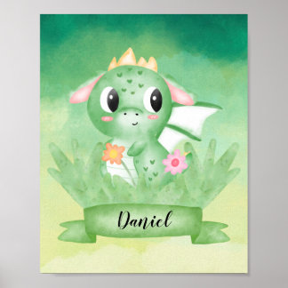 Cute Baby Dragon Watercolor Poster