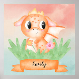 Cute Baby Dragon Watercolor Poster