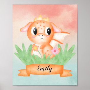 Cute Baby Dragon Watercolor Poster