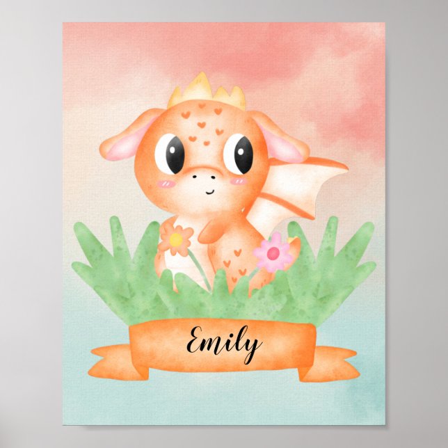 Cute Baby Dragon Watercolor Poster (Framsidan)