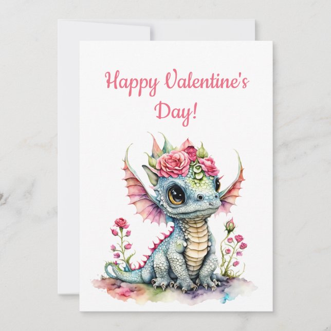 Cute Baby Dragon with Hearts Blommigt Valentine Julkort (Framsida)