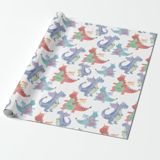 Cute Baby Dragons Lycklig Dancing Funny Kids Teckn Presentpapper (Utrullad)
