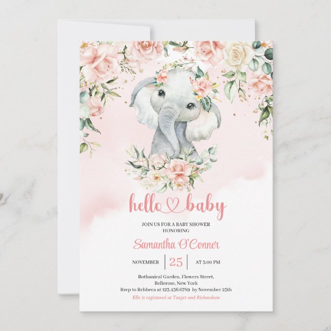 Cute baby elefant,  blommor i rosa, guld inbjudningar (Framsida)
