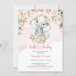 Cute baby elefant,  blommor i rosa, guld inbjudningar