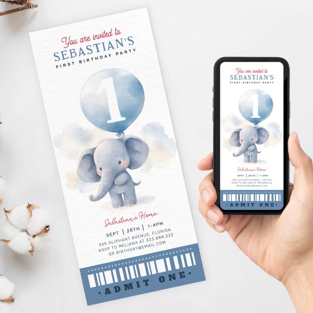 Cute baby-elefant första födelsedag Biljett Inbjudningar (Skapare uppladdad)