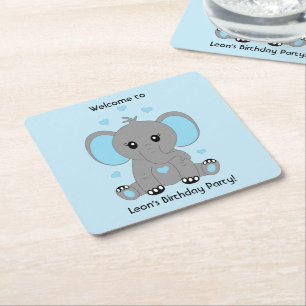 Cute baby elefant i blått för pojkar födelsedag underlägg papper kvadrat