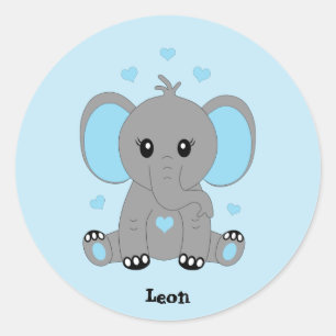 Cute baby-elefant i blått, hand plockade runt klistermärke